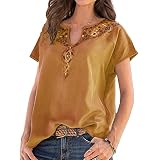 Damen Besticktes T-Shirt mit V-Ausschnitt aus Baumwolle Kurzärmelige, Bequeme Blusen-Tops Unifarbenes lässiges Schlitz-T-Shirt (Gelb,L)