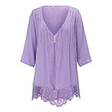 Leinenbluse Damen Sommer, Tunika Damen GroßE GrößEn Elegant Longshirt Shirtbluse Spitze Leinenhemd V-Ausschnitt Oversize Festliche Sommer Luftige Oberteile Leinen Longb