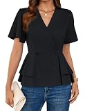 GRACE KARIN Damen Bluse Rüschen Oberteil Kurzarm V-Ausschnitt Elegant Business Party Wickelbluse L Schwarz-1