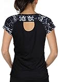 icyzone Damen Sport T-Shirt Kurzarm Laufshirt Rückenfrei Fitness Oberteile Gym Yoga Top (M, Monochrome/Black)