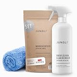 JUNALI® Glossy Set, Oberflächen Glanzreiniger & Mikrofasertuch, Pflege für Hochglanz Küchen und Arbeitsplatten (1x 500 ml + Tuch)