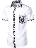 LucMatton Herren Stilvolles Leopardenmuster Patchwork Design Kurzarm Knopfleiste Hemd für Club Party, Weiß / Leopardenmuster, M