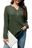 Stamain Damen Bluse Langarm V-Ausschnitt Henley Blusenshirt Casual Einfarbig Atmungsaktive Oberteile Armeegrün 4XL