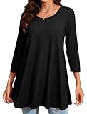 Enmain Tunika Damen Schwarz Langarm Große Größen Lange Oberteile für Frauen Elegant 3/4 Ärmel Longshirt Gemustertes Tuniken Rundhals Tops Bunt T Shirt 4XL