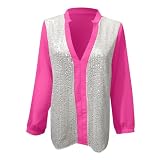 Glitzernde Pailletten-Oberteile für Damen, langärmelig, lässiger V-Ausschnitt, lockere Passform, Pullover, Sweatshirts, glitzernde T-Shirts, bequeme Abend-Party-Oberteile, wassermelone, M