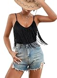 Damen Bodysuit Mit Fransen - Sexy Ärmellose Spaghetti Bauchweg Bluse Tops Elegant Body Shaper Sculpting Tanga Kleidung V Ausschnitt Rave Festival Outfit Shirt Sommer Shapewear Clothe(Black,L,107421r)