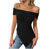 Dyhxuan Schulterfreies Pullover Damen Sexy Off Shoulder Shirt Slim Fit Einfarbig Oberteile Gerippt Strick Einfarbig Bluse Unregelmäßigem Saum Frauen Tops Cold Shoulder Partywear Damenb