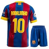 NIHMEX Barcelona Legende Ronaldinho #10 Retro Seltenes Fußball Kinder Trikot Shorts Set Jugendgrößen (Ronaldinho Blau,140)