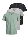 JACK & JONES Herren JJESPLIT Neck Tee SS 3PK MPPack B: Granite Green, Ultimate Grey, Black XXL
