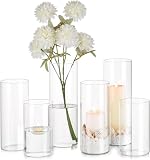 Glasseam Zylinder Vase Glas Klar, Blumenvase Modern Vasen Deko 6 Stück, 15/20/25cm Hoch Tulpenvase Zylindervasen Hochzeit Tischdeko, Dekorative Kerzenhalter Windlicht Flower Vase für W