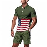 Kurzes Set für Herren, amerikanische Flagge, 2-teilig, 4. Juli, Unabhängigkeitstag, Gedenkstätte, USA, Button-Down-Outfit, lässiger Kragen, grün, M