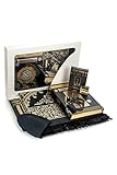 Luxuriöse islamische Gebetsgeschenkbox, Deluxe 7-Teiliges Set mit Koran & Gebetsperlen Tesbih & Gebetsteppich mit Kaaba-Design & Miswak-Stick & Solidem Geruch & Kufi-Hüte & Hacerul Esved, R