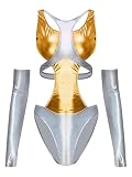 RUNQHUI Astronauten Kostüm Damen Metallic Body Glänzend Cut Out Ballett Trikot Turnanzug Space Girls Verkleidung Karneval Party Clubwear Gold L