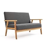 Mingone 2 Sitzer Sofa Gepolsterter Skandinavischer Stil Massivholz Sofa Couch Modern Sessel Holz und Leinenstoff für Wohnzimmer Schlafzimmer Grau bis 250kg