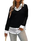Oyamiki Bluse Schwarz Damen mit Langarmshirt Weissem Hemdkragen Und -Manschetten Loose Sweatshirt Lässige T-Shirts XL