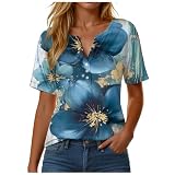 Tshirt Damen Leicht Rundhals Kurzarm Weiße Bluse Damen Niedlich Grafik Bedrucken luftig Longbluse für Frauen Boho Sommerblusen Shirts Frauen Tank Top Strandkleidung (Blue, XXL)