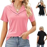 Poloshirt Damen, Damen Polo Shirt Kurzarm V-Ausschnitt Tunika Sommer, T Shirt Klassischem Polokragen (DE/NL/SE/PL, Alphanumerisch, XL, Regular, Regular, Rosa)