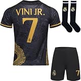 BlackAzat 2023/2024 Madrid #7 Vini Jr. Vinicius Kinder Trikot Fußball Spezielle Golddrachen-Edition, Shorts Socken Jugendgrößen (Schwarz,24)