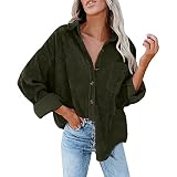 Damen Cordhemd mit Knopfleiste, übergroße Blusen, Tops, langärmelig, lässig, warme Jacke mit Taschen, Viertelärmeln für Damen, armee-grün, S