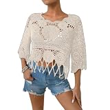 Häkelpullover Damen Sommer Festival Outfit Schulterfrei Häkel Netzoberteil Rundhals Strickpullover Oversize T-Shirt Leicht Kurzarm Sandstrand Locker Häkeltop Cover Up Streetw