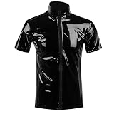 Darringls Herren Lackleder T-Shirt Wetlook Kurzarm Shirt Herren Sissy Dessous Stretch Hemd Tops Slim Fit Tank Top Sexy Muskelshirt Glänzend Party O
