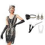 DOOK 20Er Jahre Charleston Kleid Pailletten Fransen Flapper Gatsby 20'S Fransenkleid Damen-Kostüm,Black Gold,XS