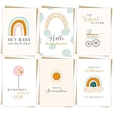 MaFab Products 6 x Hochwertige Karte zur Geburt - Glückwunschkarte Geburt für Mädchen und Jungen - Süße Geburtskarten für Baby als 6er Set mit Umschlägen aus Kraftpap