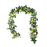 HanOBC Künstliche Zitronengirlande, 185 cm, künstliche Obstgirlande mit gelben Zitronen und grünen Blättern, Frühlingssommer, grüne Girlande für Tür, Wand, Hochzeit, Heimdek