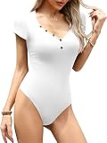 Missufe Damen-Body, V-Ausschnitt, kurze Ärmel, Knopfleiste, enganliegend, gerippt, Sommer, lässiger Body, Weiss/opulenter Garten, L