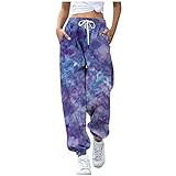Hevoiok Mode Jogger Trainingshose für Damen Tie-Dye gedruckt Drawstring elastische hohe Taille Sporthose mit Tasche (Violett, M)