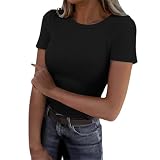 Blusen Tshirt Damen Kurzarm Rundhals T-Shirt Gerüscht Casual Oberteil Basic T Shirt Bluse Sommer Einfarbig Elegant Tee Shirts Tops Longbluse Leinenb