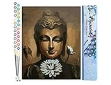 Figured'Art Malen nach Zahlen für Erwachsene, Buddha-Gesicht und Lotusblume – manuelle Aktivität, kreatives Hobby, DIY, komplette Kunstnummer – 40 x 50 cm ohne H