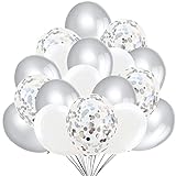 50 Luftballons Silber Weiß mit Silber Konfetti Ballons für Party Feier Dekoration für Neujahr, Geburtstag und Geburtstagsdek