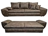 Vintage Big Sofa mit Schlaffunktion und Bettkasten, XXL Trend Couch 275 cm breit, 98 cm tief, Wellenfederung, Liegefläche 148x194 cm, Mikrofaserstoff in Leder-Optik in Braun / 18008