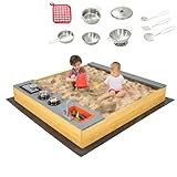DREAMADE Sandkasten 135 x 125 x 20 cm, Outdoor-Sandkiste aus Tannenholz mit Bodenauskleidung & 9 Kochutensilien, kreativem Kochbereich & Sitzbank, Sandkasten groß für Hinterhof, Strand, G