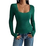 Damen Langarmshirt Sexy Figurbetontes Rippen Shirt Herbst Feinstrick Langarm Oberteile Stretch Ribbed Tops Slim Fit Gerippt Sweatshirt Casual Strickpullover Longsleeve Pulli(Dark Green,M)