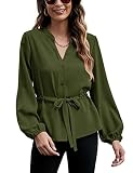 Damen Bluse mit Knopfleiste und Schößchen, Sommer-Oberteil, elegante Chiffon-Arbeits-Bluse, Armeegrün mit langen Ärmeln., X-Groß