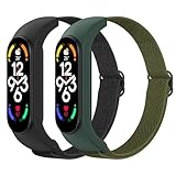 Astorgos 2 Stück Elastisches Nylon Armband Kompatibel mit Xiaomi Mi Band 7/6/5 für Damen Herren, Elastisches Stoff Ersatzarmband Dehnbares Uhrenarmband Sportarmband, Schwarz+Armeegrü