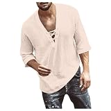 Tshirt Herren Sport T Shirt Kariertes Hemd Mittelalter Vintage Baumwolle Leinen Schnürhemd V-Ausschnitt 3/4 Ärmel Basic Henley W
