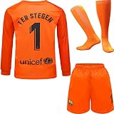 NIHMEX Barcelona TER Stegen Kinder Torwart Trikot Fußball #1, Neu Saison, Shorts Socken Torwarttrikot (Orange (Langarm),30)