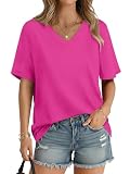 Cuptacc Tunika Damen Sommer Trendy Locker V Ausschnitt Halbarm Top Damen Einfarbig Langes Mode Oversized Leicht Und Luftig T Shirt Knallrosa M M