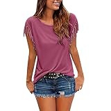 T Shirt Damen Kurzarm mit Fransen, Oberteile Damen Sommer - Bluse Damen Slim Fit Western Mode Tunika Top Einfarbig Boho Tshirt Strand Urlaub T-S