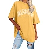 Tshirt gelb Damen, Tshirt Damen elegant, Tshirt Damen Gelb Baumwolle Kurzarm T-Shirt Oversized Basic Freizeit Top Oberteile Shirt Sommer Locker Los Angeles Oberteile Top