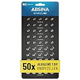 ABSINA 50er Pack Alkaline Knopfzellen Sortiment - 10x AG1 / 15x AG3 / 10x AG4 / 10x AG10 / 5X AG13-1,5V Batterie Sortiment auslaufsicher - Knopfzellen Set gemischt, Batterien Set g