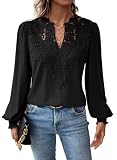 TUUHAW Langarmshirt Damen Herbst Große Größen Longbluse Boho Bluse V-Ausschnitt T Shirt Fließend Elegant Süß Lässig Outfits Frühling Rüschen Top Oberteile Volant Paspel Winter Kleidung Schwarz XXL