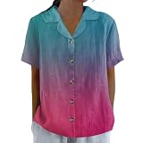 Vasreyy Damen Leinen ShirtTunika Top Gradient V-Ausschnitt Revers Kurzarm Tops Mit Knöpfen Sommer Elegant Freizeit Locker Blusen Oberteile Leicht Und Luftig Hemdbluse（Knalliges Pink,M