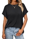 Cuptacc Tshirt Damen Sommer Kurzarm Rundhals T-Shirt Basic Oversize Top Damen Einfarbig Oberteil Lässig XL 46-48 Schw