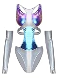 TTAO Damen Metallic Wetlook Body Space Girls Alien Kostüm Glänzend Cut Out Ballett Trikot Turnanzug Karneval Party Tanzkleidung Blau L