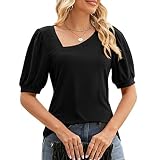 GRONGU Damen-Sommer-Puff-Kurzarm-T-Shirts asymmetrisch schräg V-Ausschnitt einfarbig schmal geschnitten Tunika-Oberteile Blusen mit Puffärmeln für F