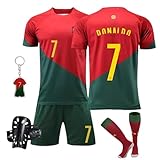 Pardofelis Fußball Trikot für Kinder, Trikot Nr. 7 Fußballtrikots Fussball T-Shirt Shorts Socken und Schienbeinschoner Set, Outdoor Football Jersey für Junge Anzug (Rot Grün, 22)